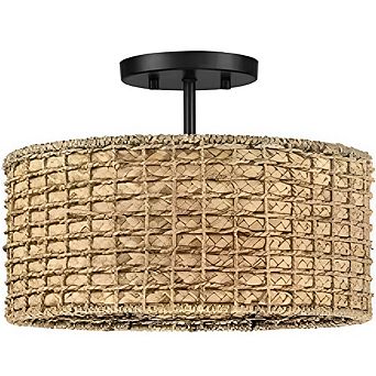 13.6-inch Round Rattan Drum Ceiling Light - Bohemian Semi-Flush Mount, 2 Lights