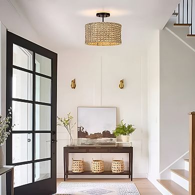 13.6-inch Round Rattan Drum Ceiling Light - Bohemian Semi-Flush Mount, 2 Lights