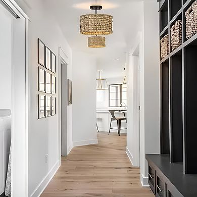 13.6-inch Round Rattan Drum Ceiling Light - Bohemian Semi-Flush Mount, 2 Lights