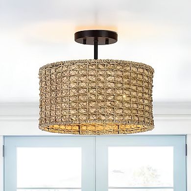 13.6-inch Round Rattan Drum Ceiling Light - Bohemian Semi-Flush Mount, 2 Lights