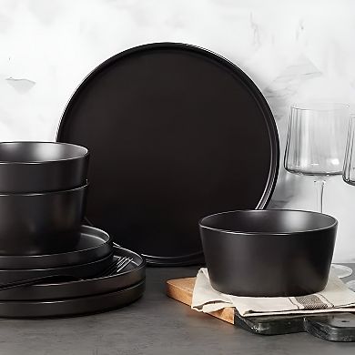 16-Piece Matte Black Stoneware Dinnerware Set - Perfect for Any Occasion