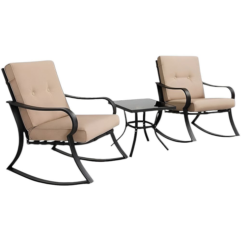 3-Piece Outdoor Patio Rocking Chair Set with Cushions & Metal Coffee Table