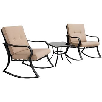 3 pc Outdoor Patio Rocking Chair Set with Cushions & Metal Coffee Table