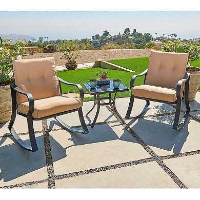 3-Piece Outdoor Patio Rocking Chair Set with Cushions & Metal Coffee Table