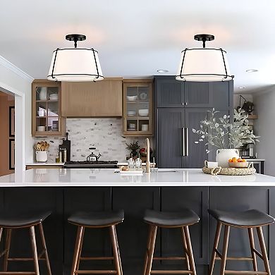 White Fabric Drum Ceiling Light 2-Light Fixture, 15-Inch Semi-Flush with Black Accents