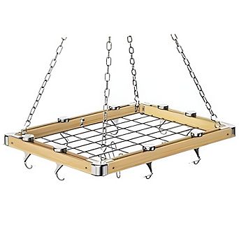 23.5-Inch Rectangular Kitchen Pot Rack - Metal and Wood, Ceiling Mounted