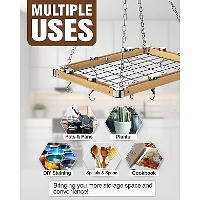 23.5-Inch Rectangular Kitchen Pot Rack - Metal and Wood, Ceiling Mounted