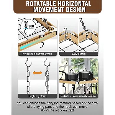 23.5-Inch Rectangular Kitchen Pot Rack - Metal and Wood, Ceiling Mounted