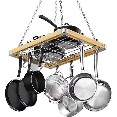 23.5-Inch Rectangular Kitchen Pot Rack - Metal and Wood, Ceiling Mounted