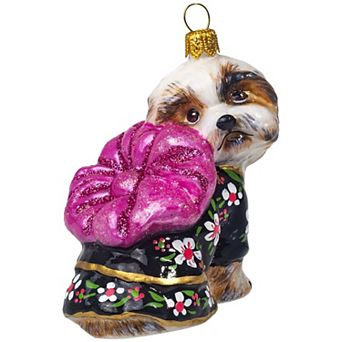 Joy To The World Shih Tzu In Silk Kimono Polish Glass Christmas Ornament