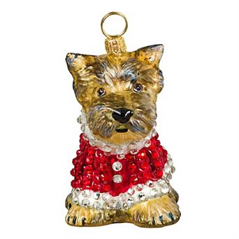 Joy To The World Yorkshire Terrier Puppy In Crystal Coat Polish Glass Christmas Ornament