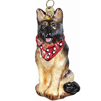 Joy To The World German Shepherd With Bandana Polish Glass Christmas Tree Ornament
