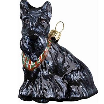 Joy To The World Scottish Terrier With Tartan Bandana Dog Polish Glass Christmas Ornament