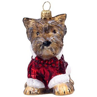 Joy To The World Yorkie Terrier With Candy Cane Sweater Glass Christmas Ornament