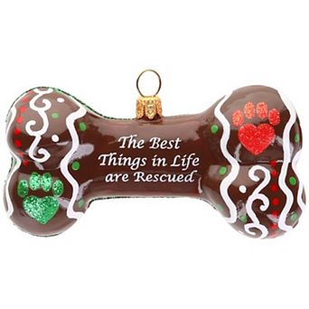 Joy To The World “the Best Things In Life Are Rescued” Dog Bone Polish Glass Ornament
