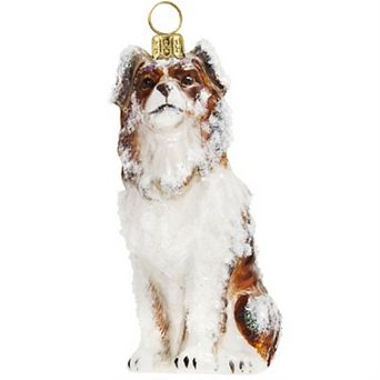 Joy To The World Snowy Australian Shepherd Sitting Polish Glass Christmas Tree Ornament