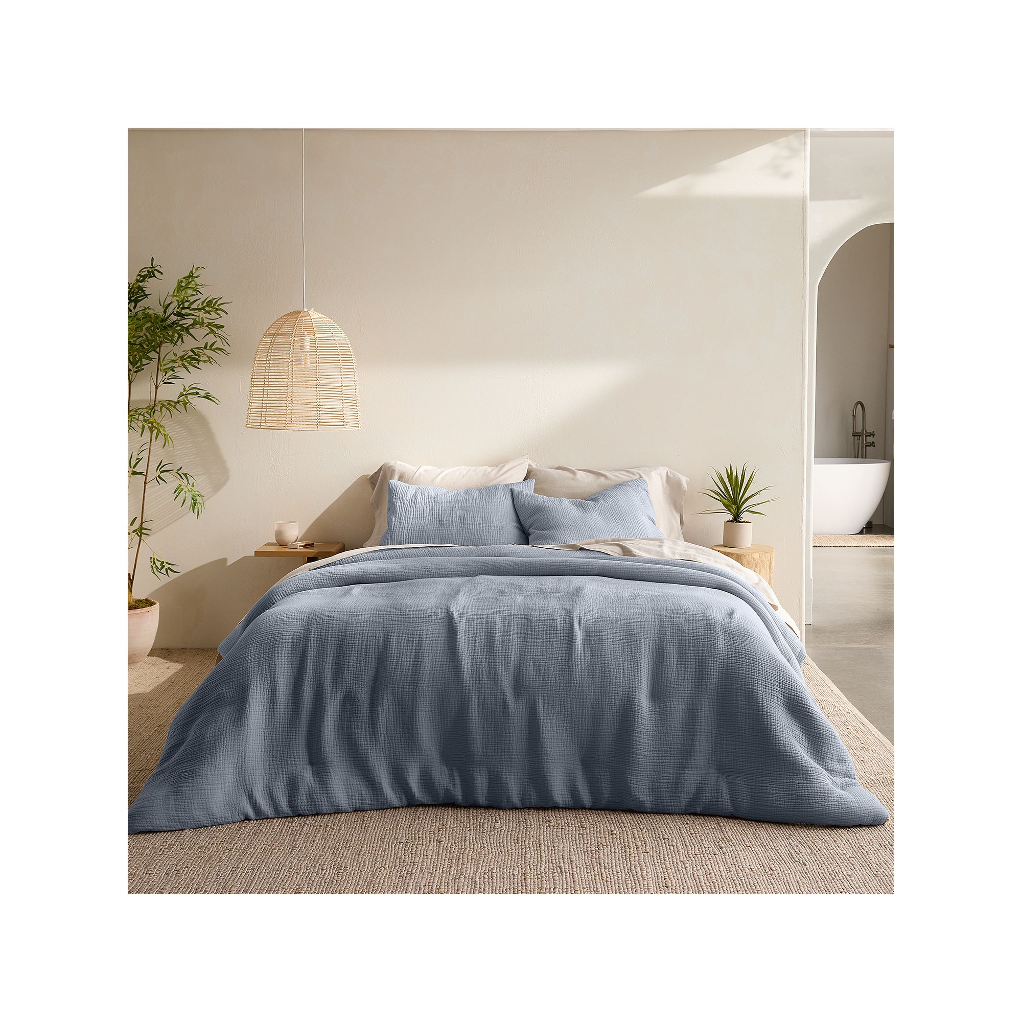 Miryana Crinkle Cotton Duvet Set with Shams, Grey Blue
