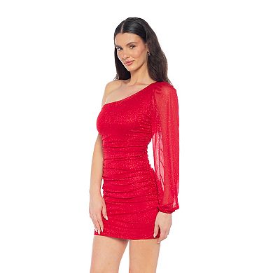 Juniors' Jump Apparel Glitter One-Shoulder Ruched Mini Dress