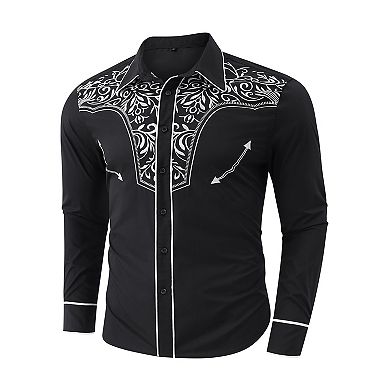 Men's Casual Western Embroidered Cowboy Shirt With Floral Design