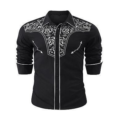 Men's Casual Western Embroidered Cowboy Shirt With Floral Design