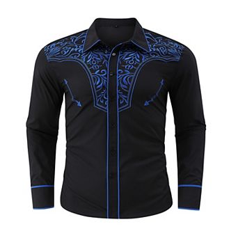 Men's Casual Western Embroidered Cowboy Shirt With Floral Design