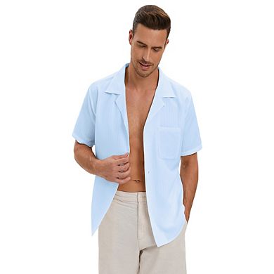 Men's Casual Summer Shirt Button Down Camp Cuban Short Sleeve Beach with Pocket