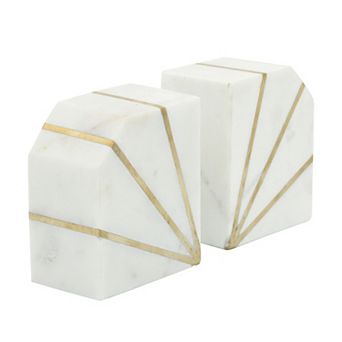 Set Of 2 Marble Bookends - Contemporary White And Gold Polished Decorative Bookends - Book Display