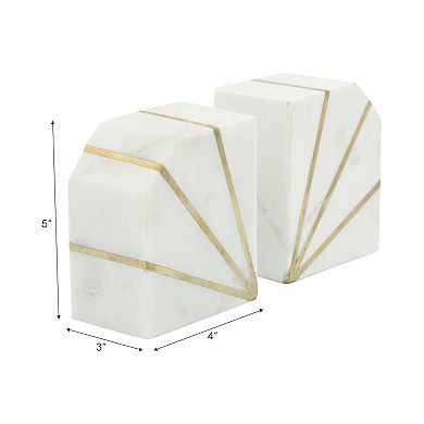 Set Of 2 Marble Bookends - Contemporary White And Gold Polished Decorative Bookends - Book Display