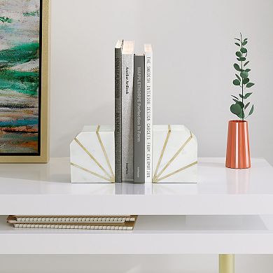 Set Of 2 Marble Bookends - Contemporary White And Gold Polished Decorative Bookends - Book Display