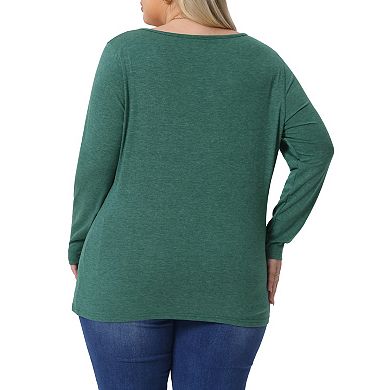 Plus Size Top for Women Side Button Square Neck Long Sleeve Casual Tunic Blouse