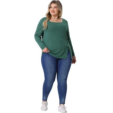 Plus Size Top for Women Side Button Square Neck Long Sleeve Casual Tunic Blouse
