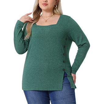 Plus Size Top For Women Side Button Square Neck Long Sleeve Casual Tunic Blouse