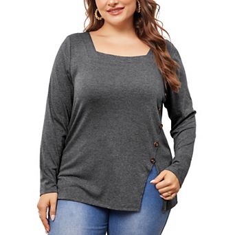 Plus Size Top For Women Side Button Square Neck Long Sleeve Casual Tunic Blouse