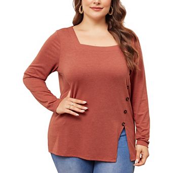 Plus Size Top For Women Side Button Square Neck Long Sleeve Casual Tunic Blouse