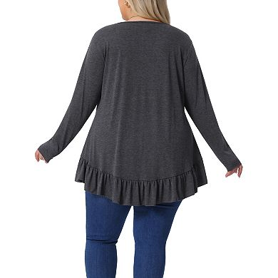 Plus Size Casual Tops for Women Henley V Neck Button Up Long Sleeve Ruffled Hem Blouses Tops