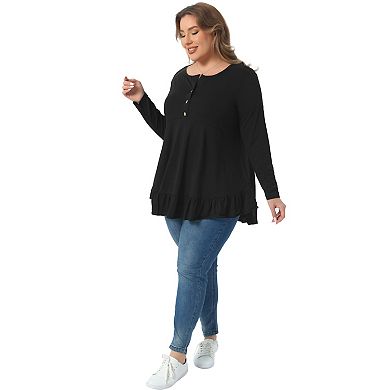 Plus Size Casual Tops for Women Henley V Neck Button Up Long Sleeve Ruffled Hem Blouses Tops
