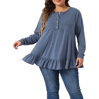 Plus Size Casual Tops For Women Henley V Neck Button Up Long Sleeve Ruffled Hem Blouses Tops
