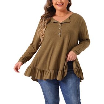 Plus Size Casual Tops For Women Henley V Neck Button Up Long Sleeve Ruffled Hem Blouses Tops