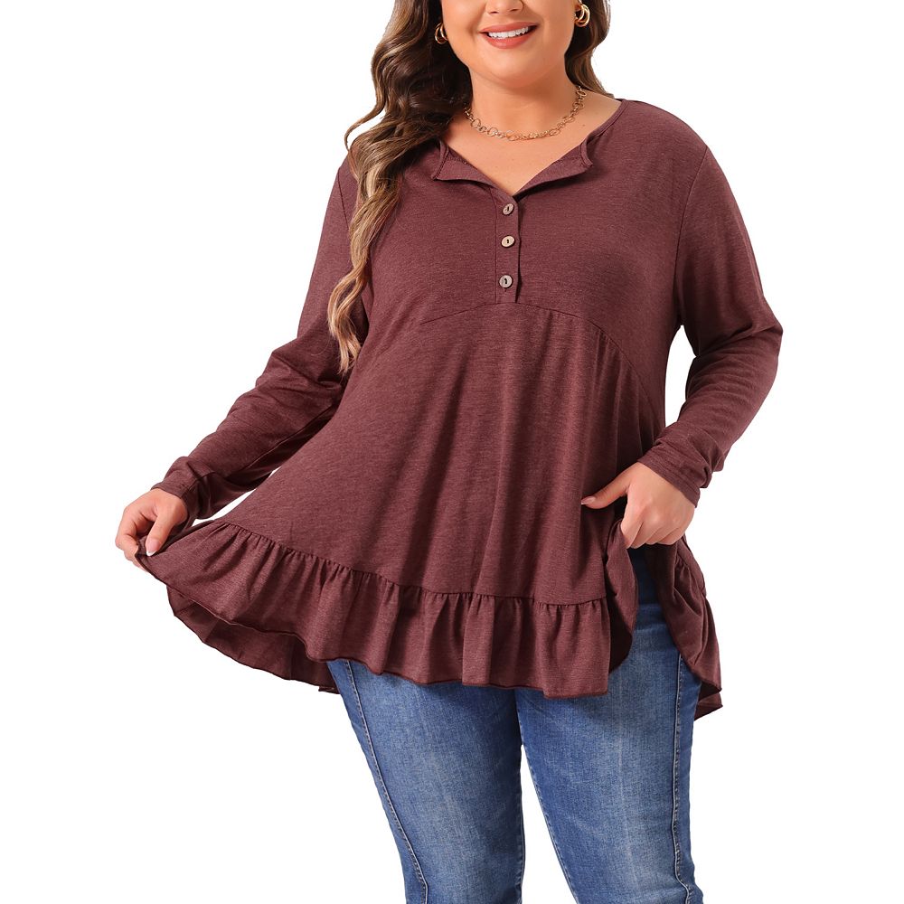 Plus Size Casual Tops For Women Henley V Neck Button Up Long Sleeve ...