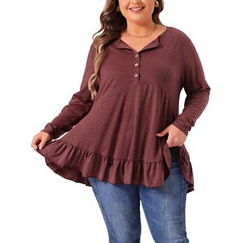 Plus Size Casual Tops For Women Henley V Neck Button Up Long Sleeve Ruffled Hem Blouses Tops