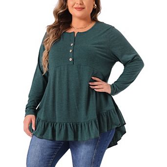 Plus Size Casual Tops For Women Henley V Neck Button Up Long Sleeve Ruffled Hem Blouses Tops
