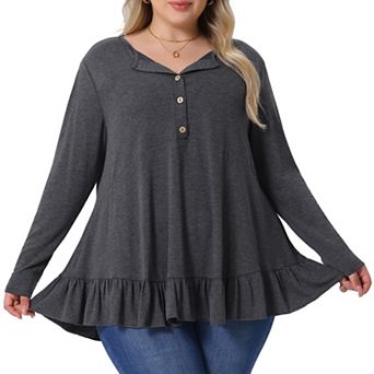 Plus Size Casual Tops For Women Henley V Neck Button Up Long Sleeve Ruffled Hem Blouses Tops