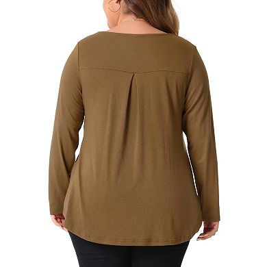 Plus Size Tops for Women Notched Neck Long Sleeve Front Pleated T-Shirt Blouses