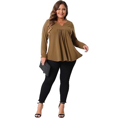 Plus Size Tops for Women Notched Neck Long Sleeve Front Pleated T-Shirt Blouses