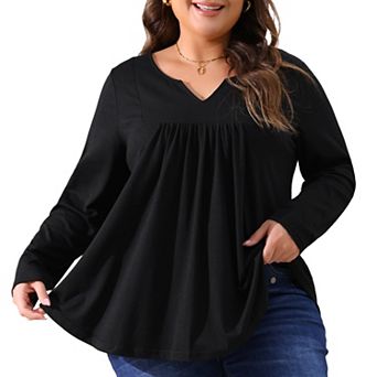 Plus Size Tops For Women Notched Neck Long Sleeve Front Pleated T-shirt Blouses