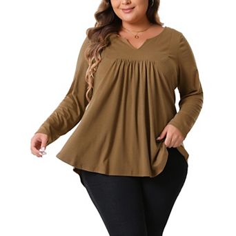 Plus Size Tops For Women Notched Neck Long Sleeve Front Pleated T-shirt Blouses
