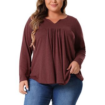 Plus Size Tops for Women Notched Neck Long Sleeve Front Pleated T-Shirt Blouses