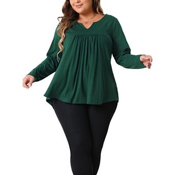 Plus Size Tops For Women Notched Neck Long Sleeve Front Pleated T-shirt Blouses