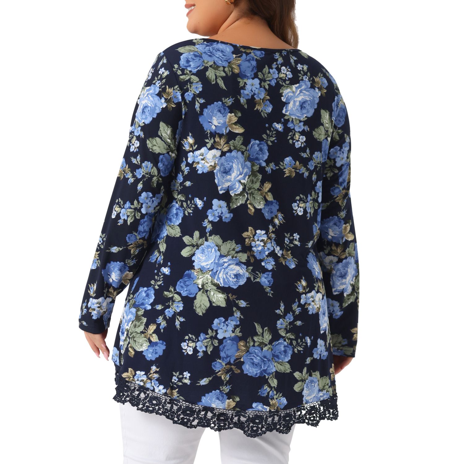 Plus Size Tops Women Crew Neck Lace Trim A-line High Low Hem Floral Blouse  Tunic