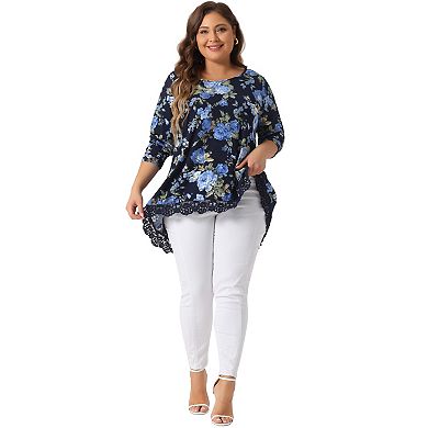 Plus Size Tops Women Crew Neck Lace Trim A-Line High Low Hem Floral Blouse Tunic Tops